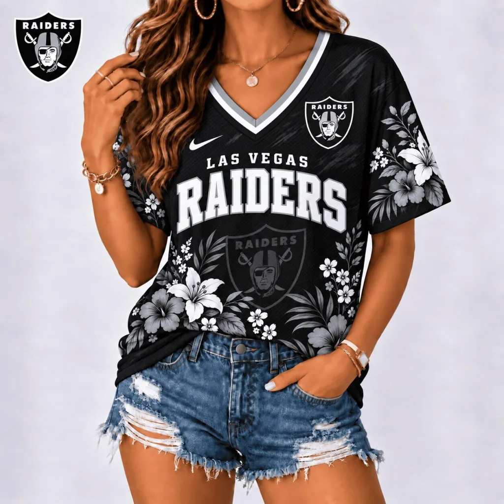 Women's V-Neck T-Shirt with Floral Spirit for Game Day - Las Vegas Raiders Women's V-Neck T-Shirt with Floral Spirit for Game Day - Las Vegas Raiders