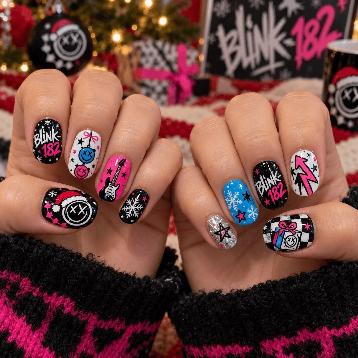 Christmas-Themed Press-On Nail Set featuring Blink-182