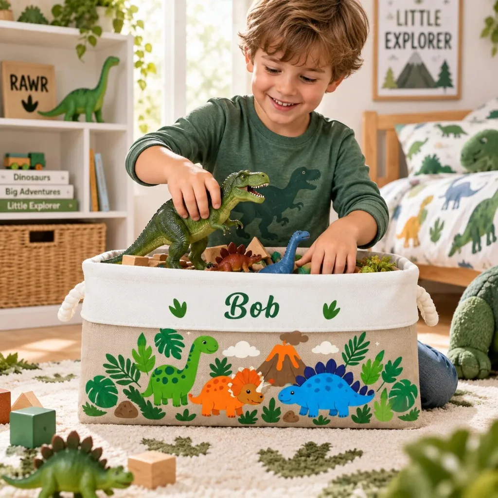 Personalized Dinosaur Toy Storage Basket for Kids, Custom Name Playroom Organizer Personalized Dinosaur Toy Storage Basket for Kids, Custom Name Playroom Organizer