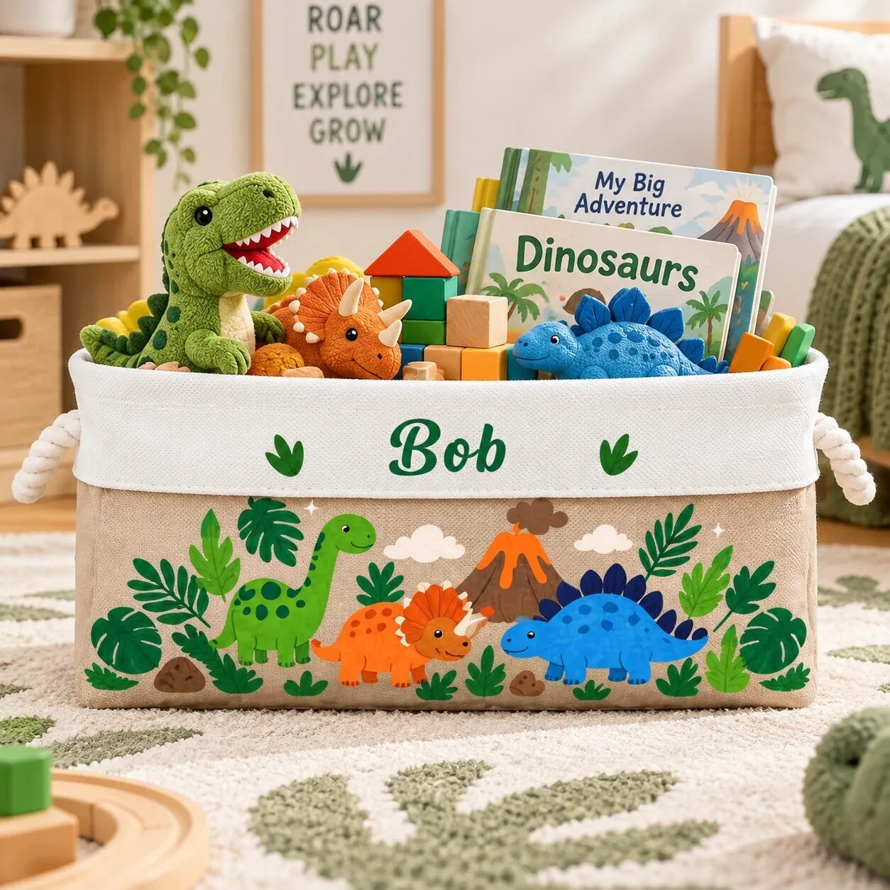 Personalized Dinosaur Toy Storage Basket for Kids, Custom Name Playroom Organizer