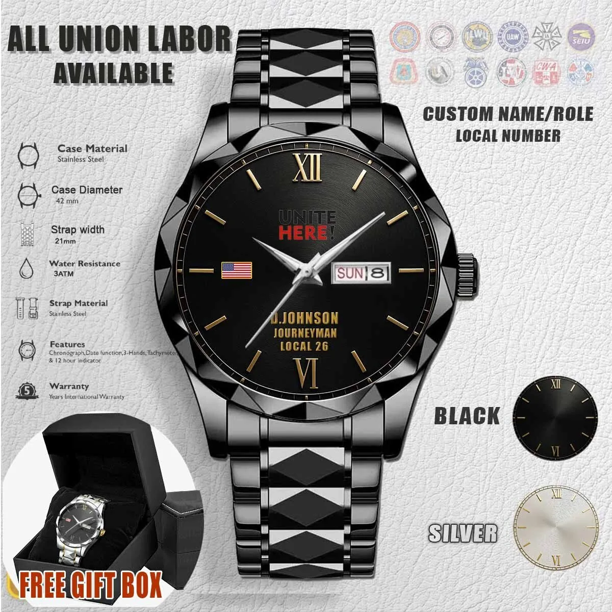 UNITE HERE Union Labor Stainless Steel Custom Name Role Watch