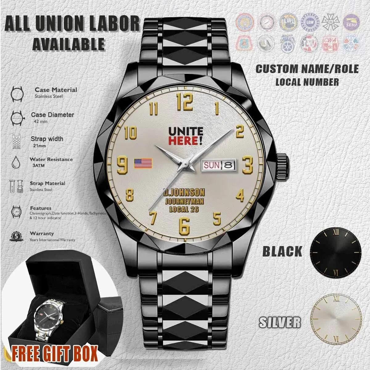 UNITE HERE Union Labor Stainless Steel Custom Name Role Watch