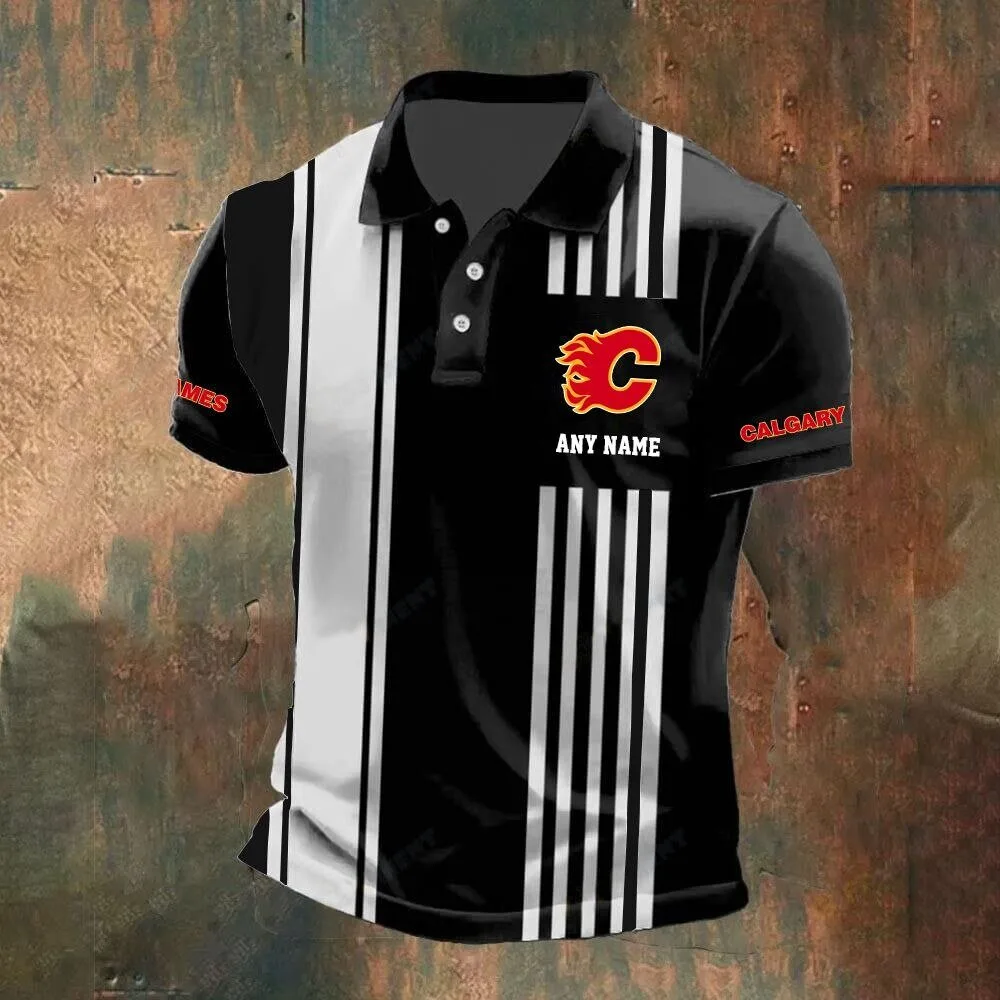 Calgary Flames Personalized Black and White Striped Polo Shirt