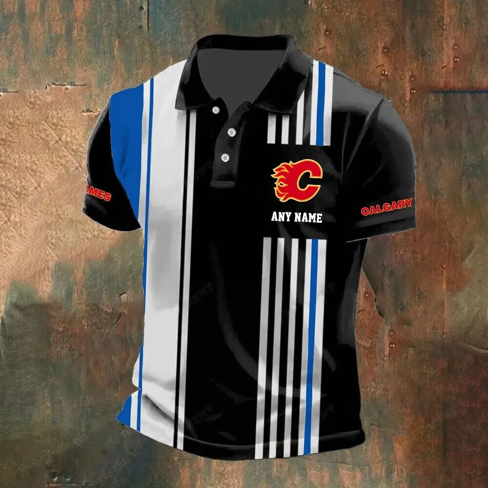 Calgary Flames Personalized Black and White Striped Polo Shirt