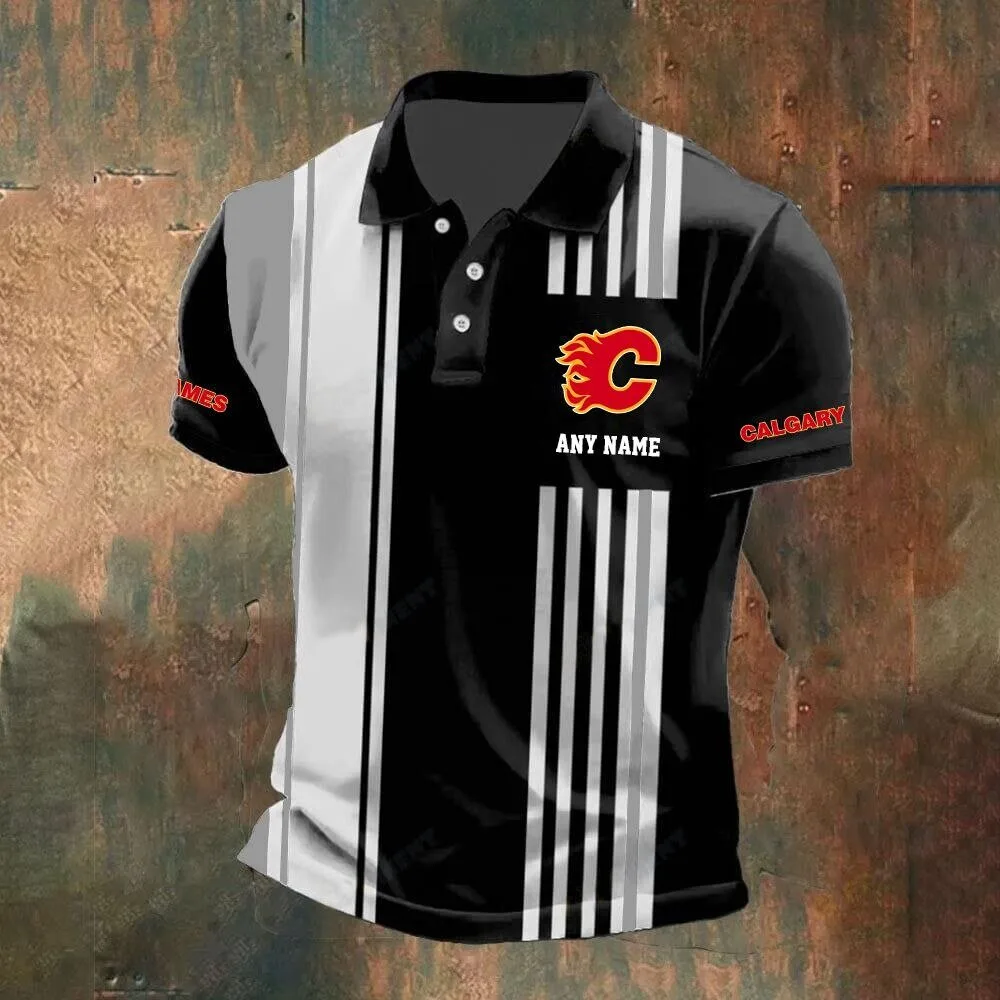 Calgary Flames Personalized Black and White Striped Polo Shirt 10 Calgary Flames Personalized Black and White Striped Polo Shirt