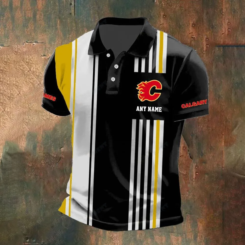 Calgary Flames Personalized Black and White Striped Polo Shirt 13 Calgary Flames Personalized Black and White Striped Polo Shirt