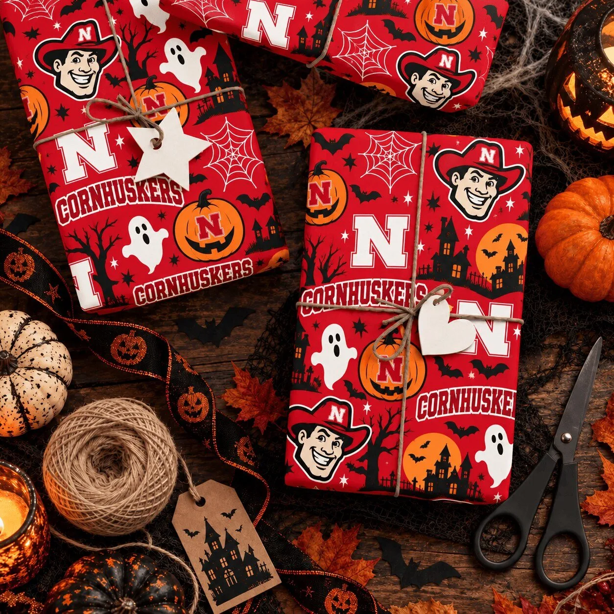 Nebraska Cornhuskers Halloween Spooky Ghost Pumpkin Pattern Wrapping Paper