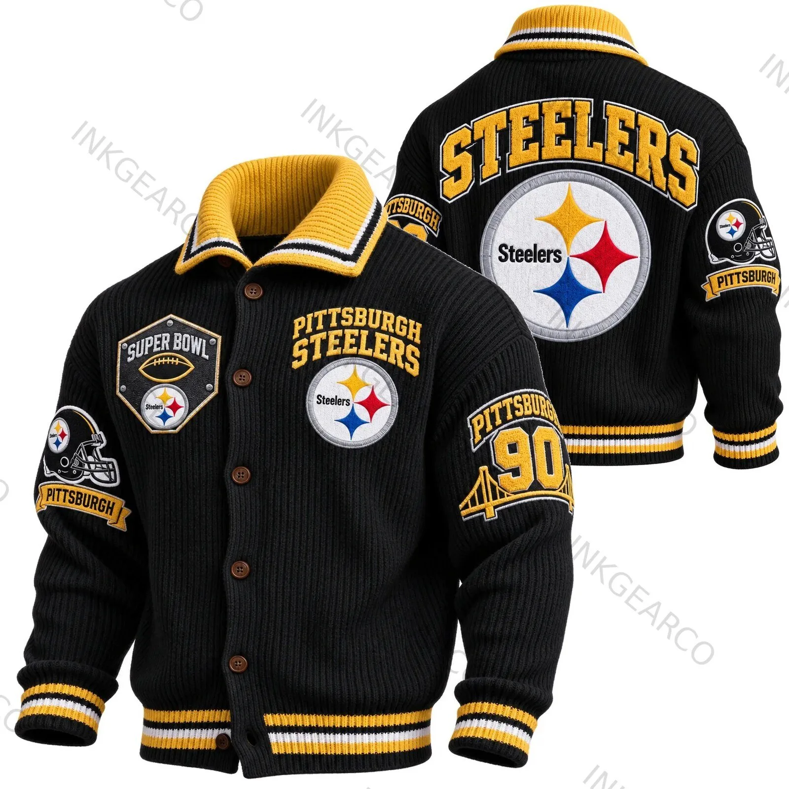 Rugby-print Knit Cardigan With A Button-up Stand Collar