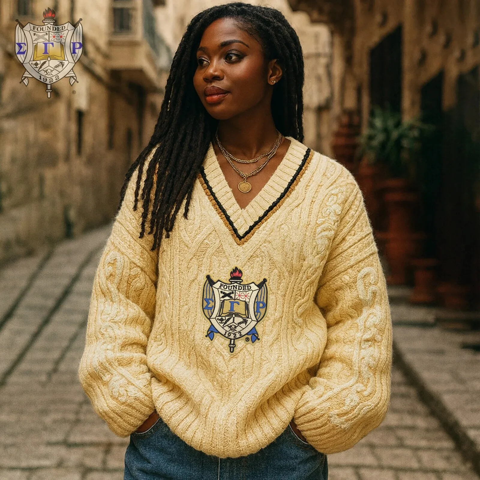 Sigma Gamma Rho Sorority Cable Knit V-Neck Sweater for Women
