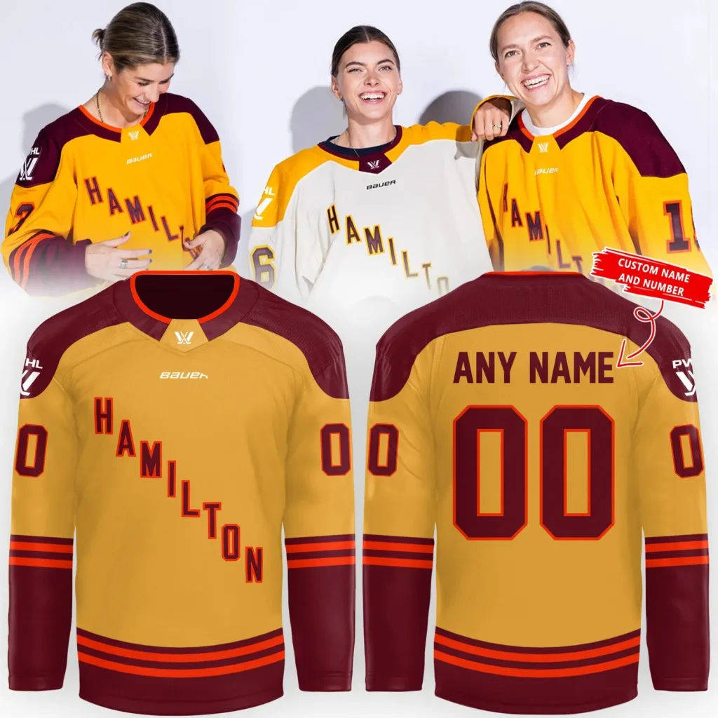 PWHL Hamilton Personalized Gold and Maroon Hockey Jersey PWHL Hamilton Personalized Gold and Maroon Hockey Jersey