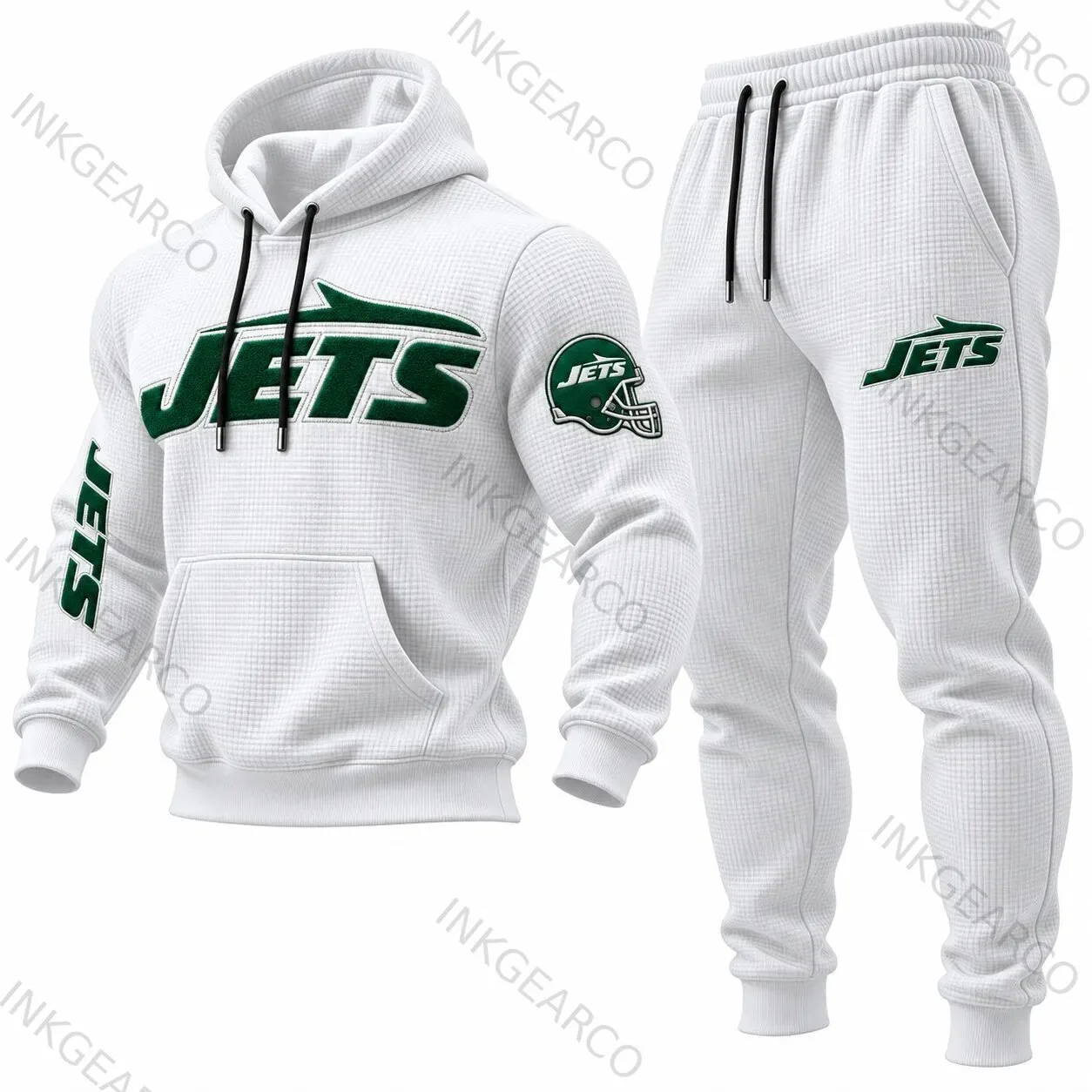 New York Jets Football Team Logo White Waffle Knit Hoodie