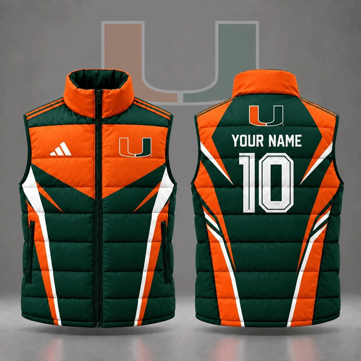 Miami Hurricanes Custom Name Number Geometric Colorblock Puffer Vest 1 Miami Hurricanes Custom Name Number Geometric Colorblock Puffer Vest