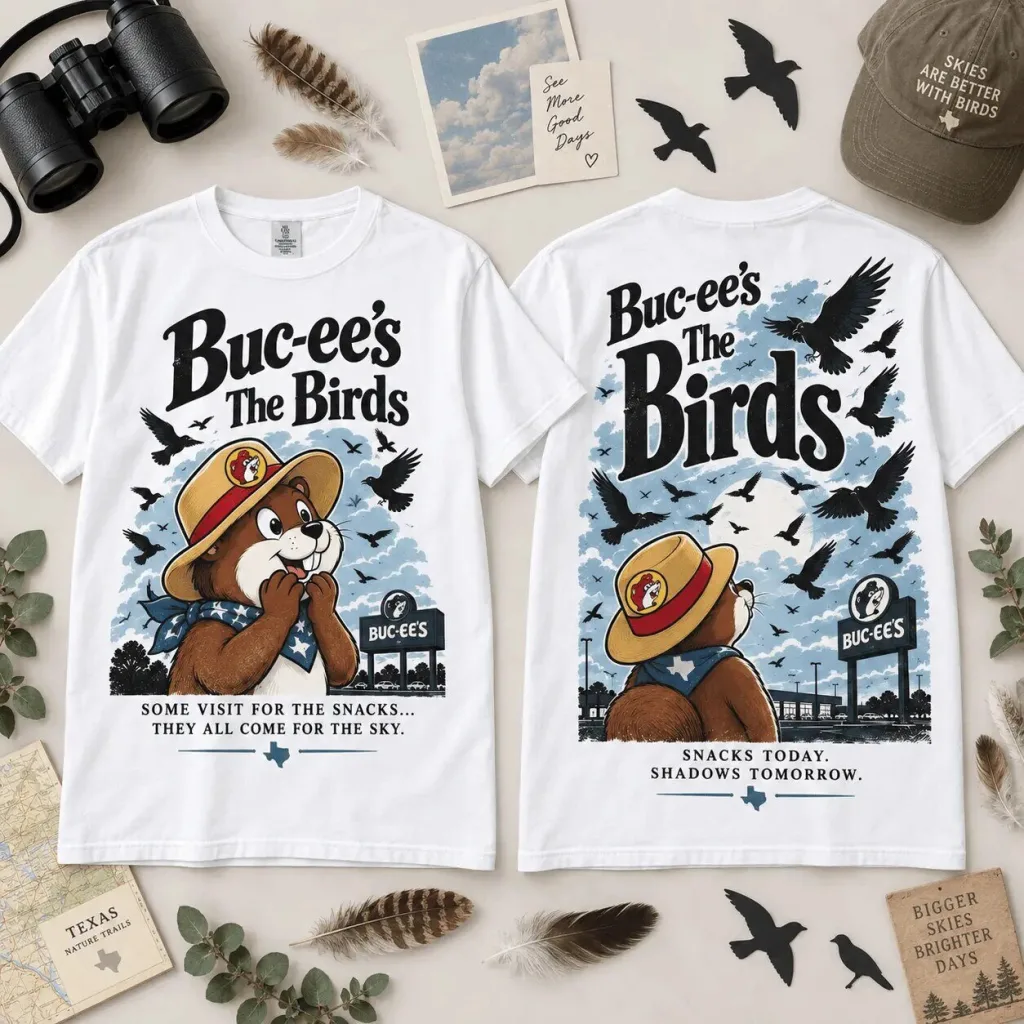 Buc-ee's The Birds Sky Scene Horror Movie Inspired White T-Shirt 33 Buc-ee's The Birds Sky Scene Horror Movie Inspired White T-Shirt
