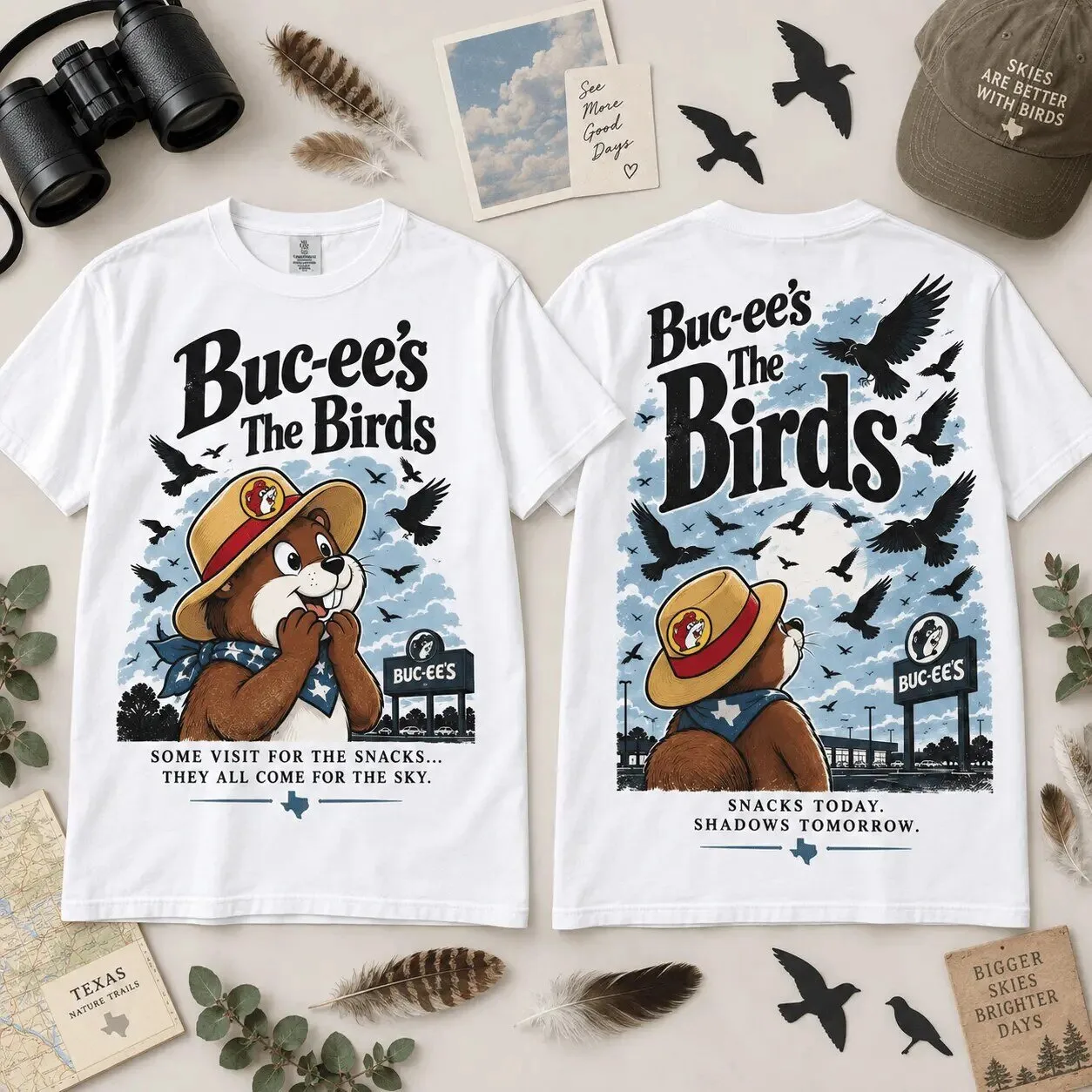 Buc-ee's The Birds Sky Scene Horror Movie Inspired White T-Shirt