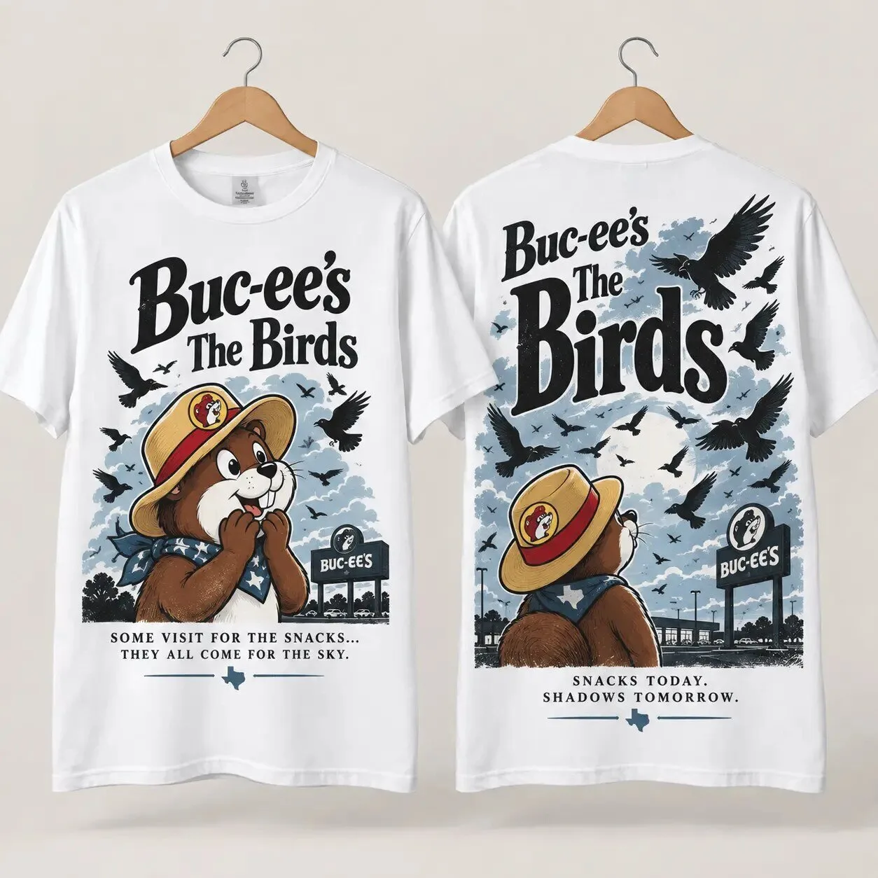 Buc-ee's The Birds Sky Scene Horror Movie Inspired White T-Shirt