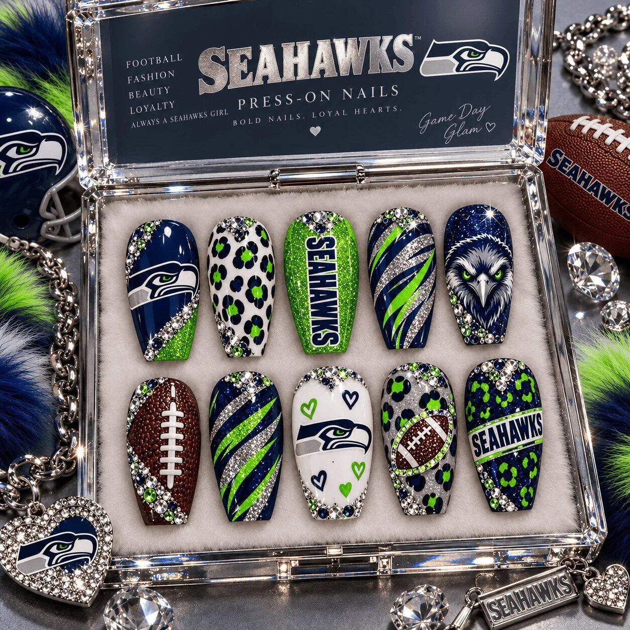 Seattle Seahawks Football Team Sparkle Rhinestone Press-On Nails Set