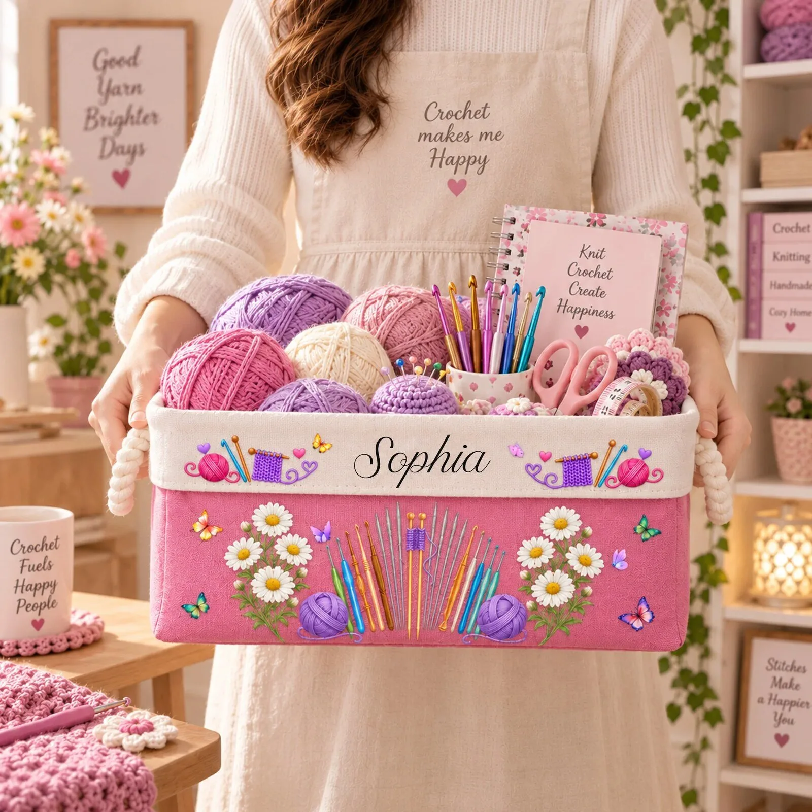 Personalized Knitting Crochet Yarn Storage Basket with Custom Name and Daisy Flowers