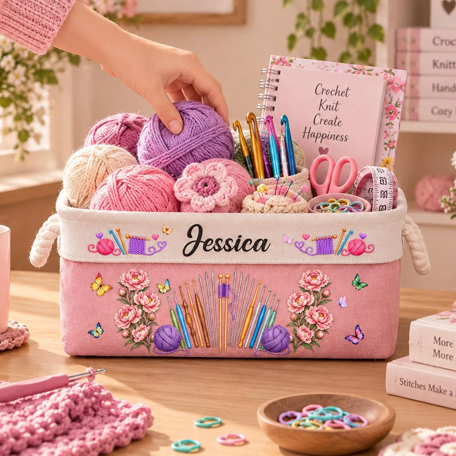 Personalized Knitting Crochet Yarn Storage Basket with Custom Name and Daisy Flowers