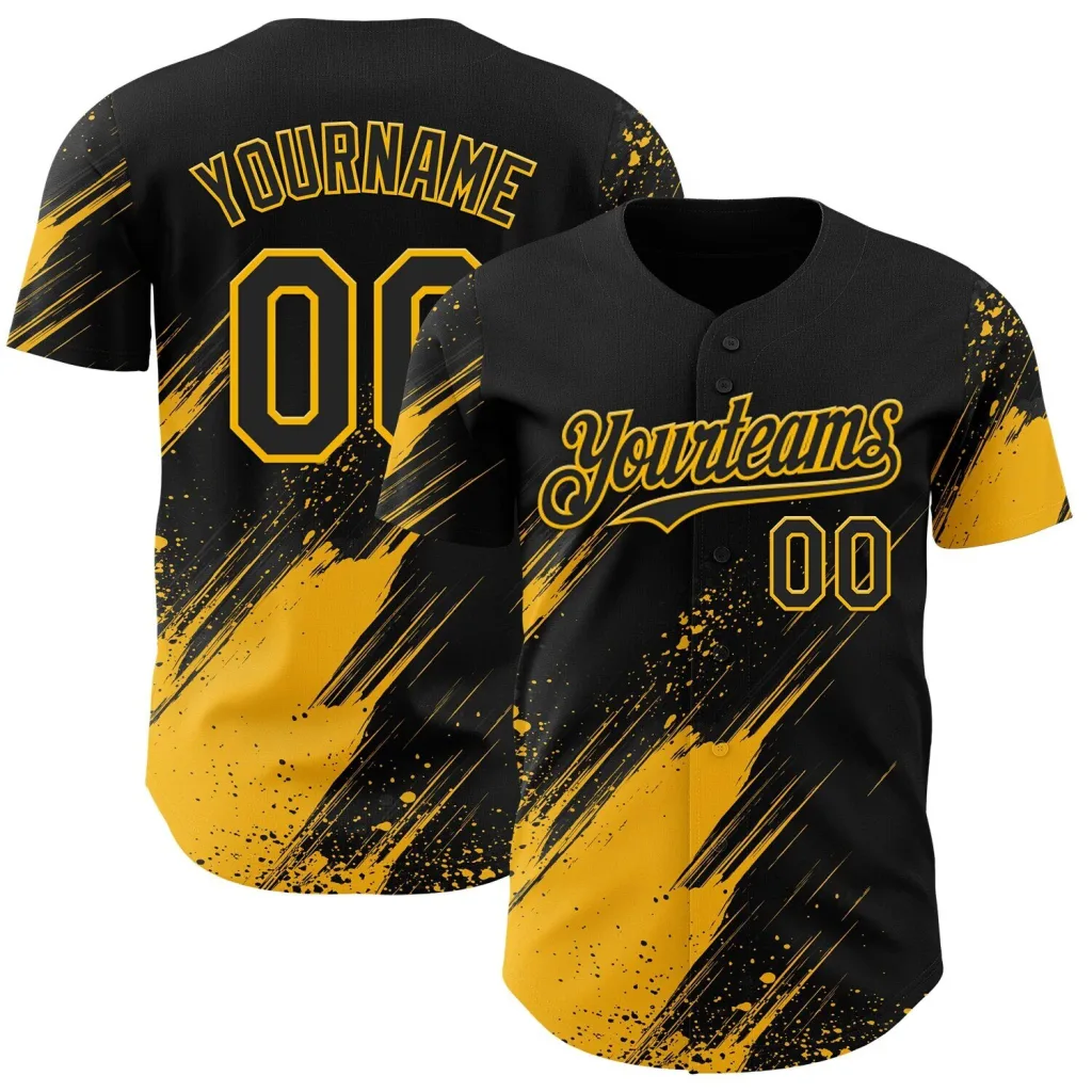 Custom Black Gold Diagonal Scratch Brush Stroke Paint Splatter Baseball Jersey Custom Black Gold Diagonal Scratch Brush Stroke Paint Splatter Baseball Jersey