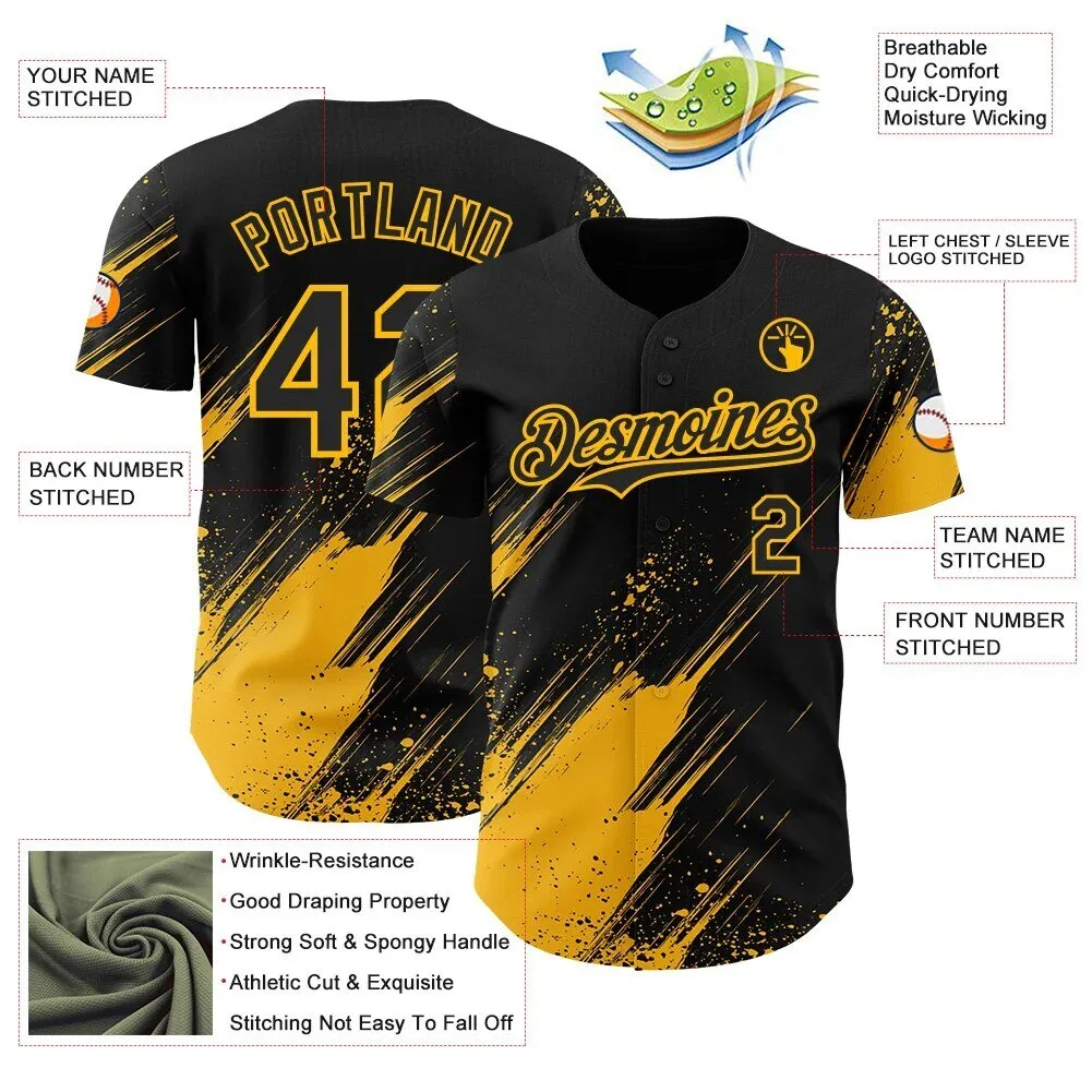 Custom Black Gold Diagonal Scratch Brush Stroke Paint Splatter Baseball Jersey 7 Custom Black Gold Diagonal Scratch Brush Stroke Paint Splatter Baseball Jersey