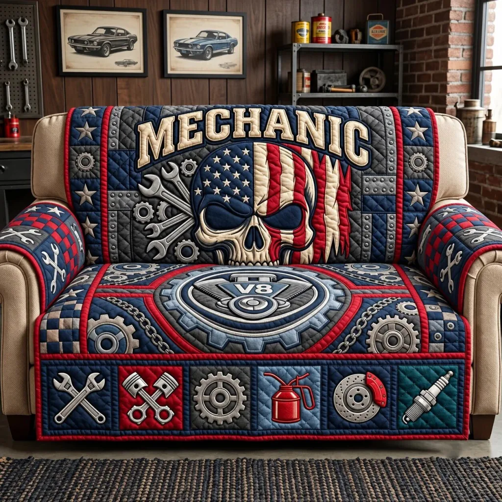 American Flag Mechanic Skull Quilted Sofa Cover for Garage Decor American Flag Mechanic Skull Quilted Sofa Cover for Garage Decor
