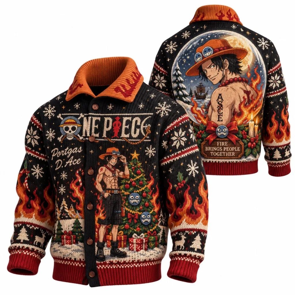 One Piece Portgas D. Ace Christmas Holiday Anime Knitted Cardigan Sweater One Piece Portgas D. Ace Christmas Holiday Anime Knitted Cardigan Sweater