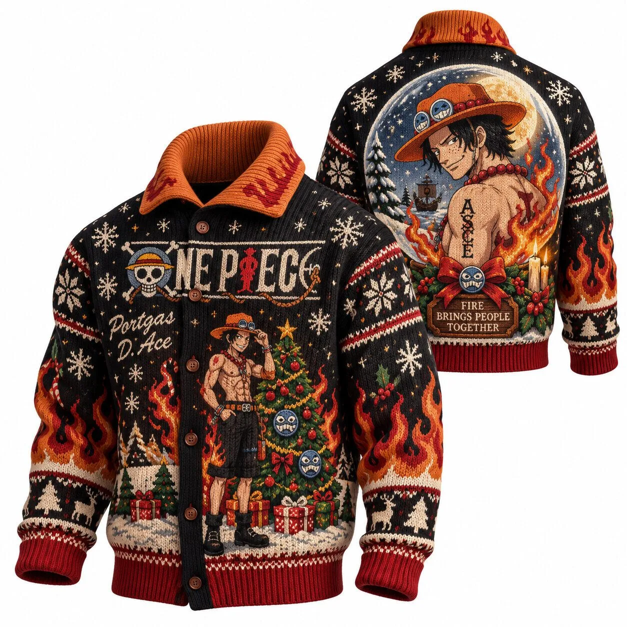 One Piece Portgas D. Ace Christmas Holiday Anime Knitted Cardigan Sweater 1 One Piece Portgas D. Ace Christmas Holiday Anime Knitted Cardigan Sweater