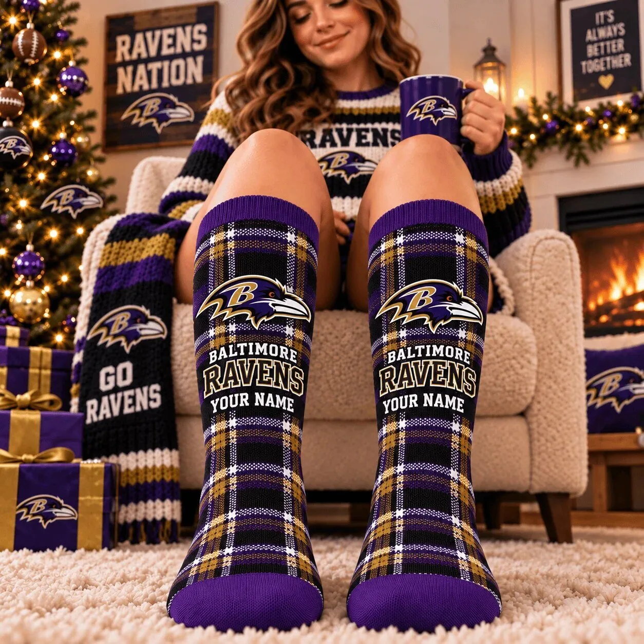 Baltimore Ravens Personalized Plaid Pattern Fan Socks