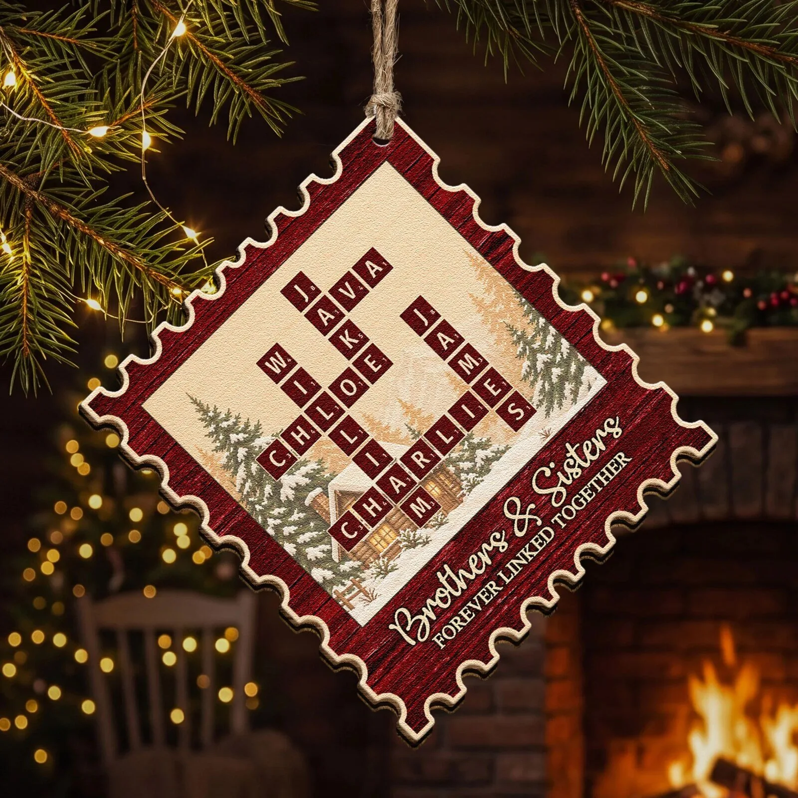 Personalized Brothers and Sisters Forever Linked Scrabble Tile Christmas Ornament
