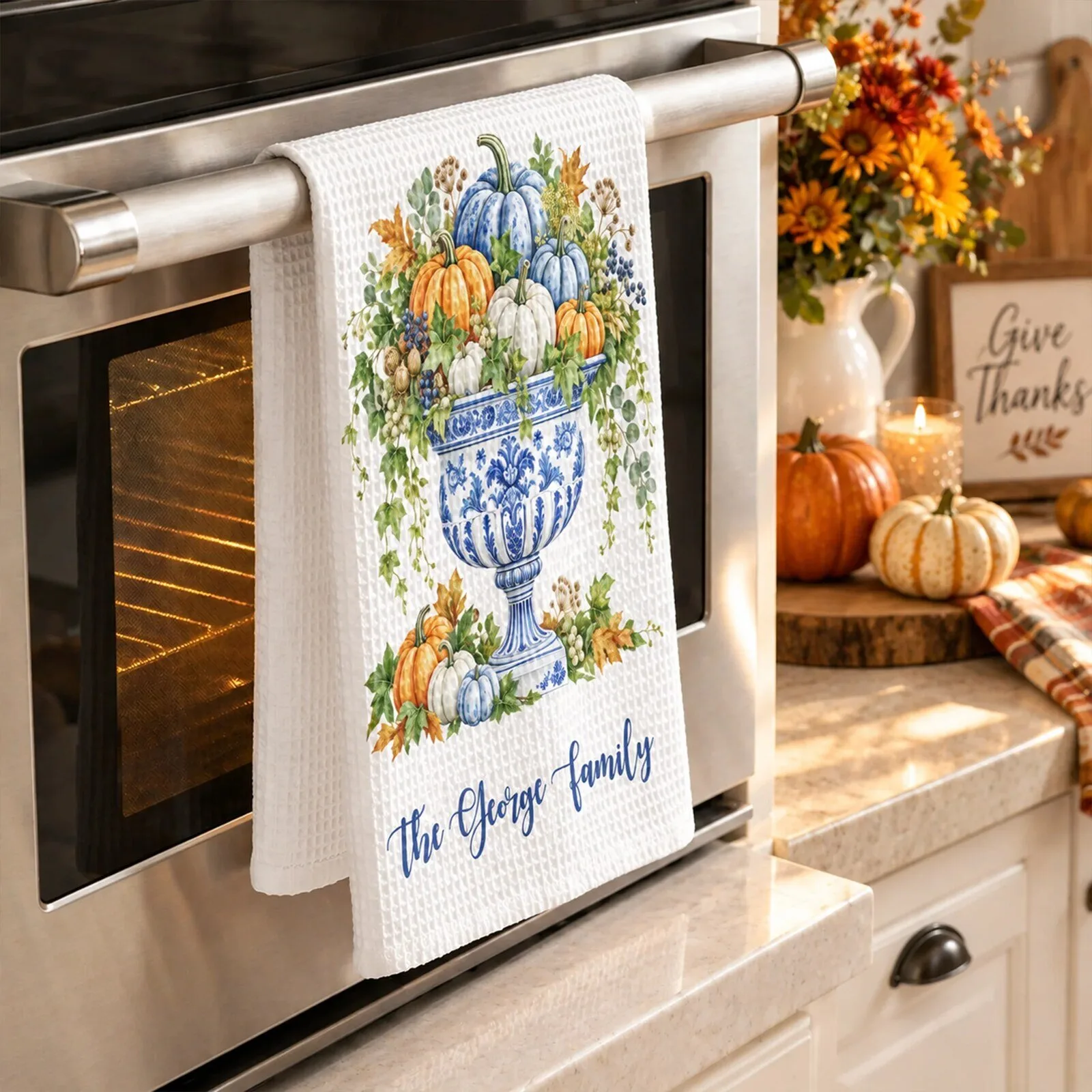 Personalized Chinoiserie Pumpkin Fall Harvest Kitchen Towel for Autumn Decor