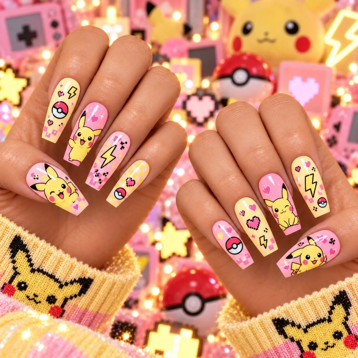 Cute Pikachu Pokémon Pastel Pink Yellow Kawaii Press-On Nails Set