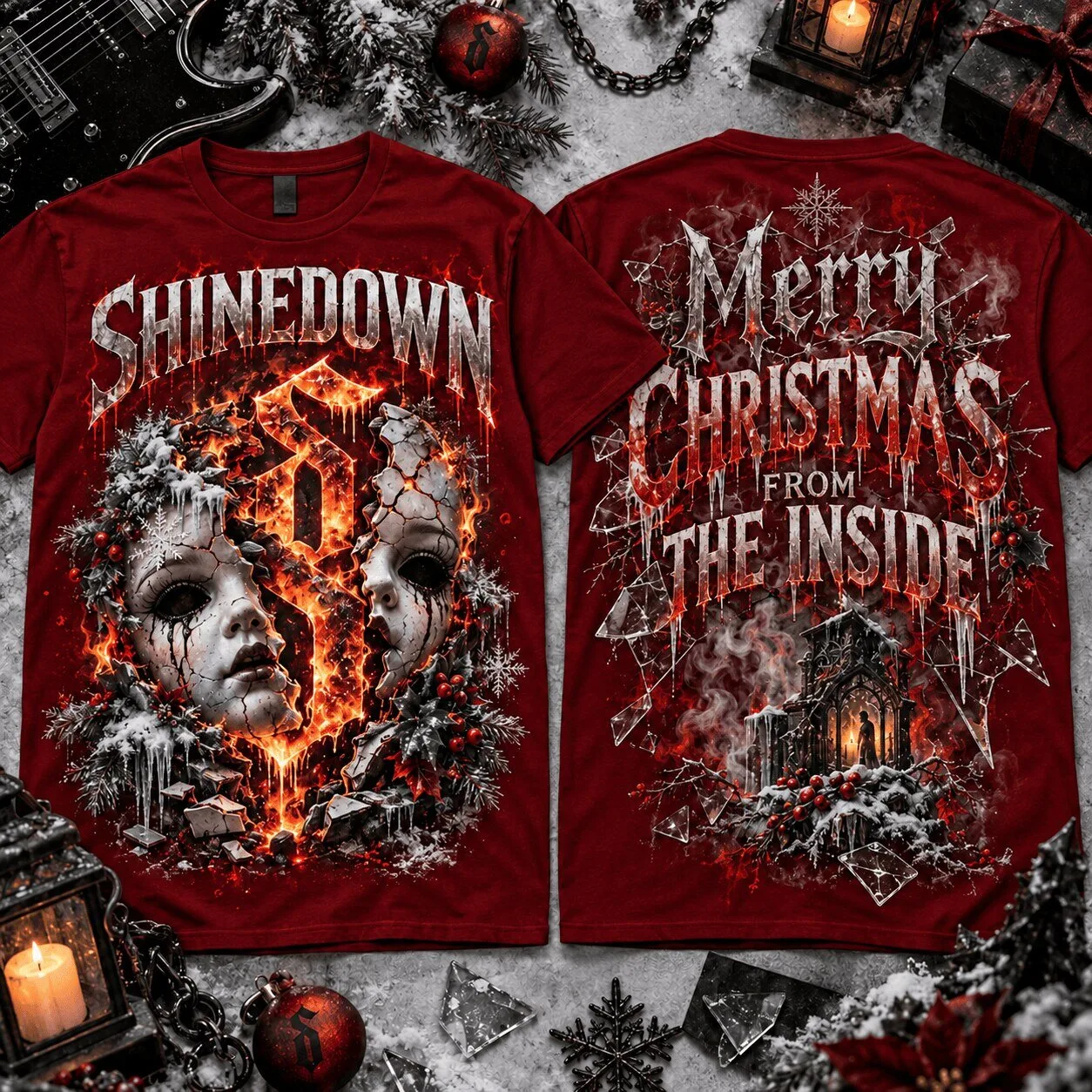 Shinedown Merry Christmas From The Inside Album Art Red Graphic T-Shirt