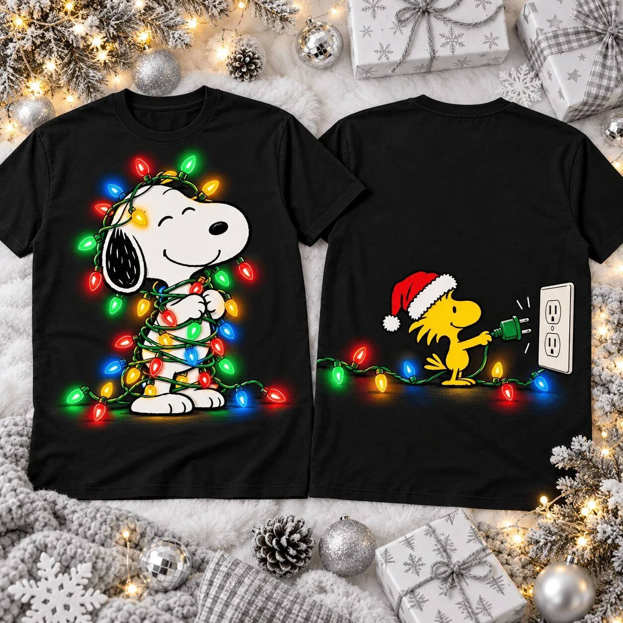 Snoopy Tangled In Christmas Lights With Woodstock Holiday Black T-Shirt