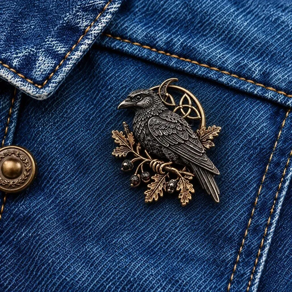 Gothic Celtic Raven Brooch Pin Dark Academia Statement Jewelry