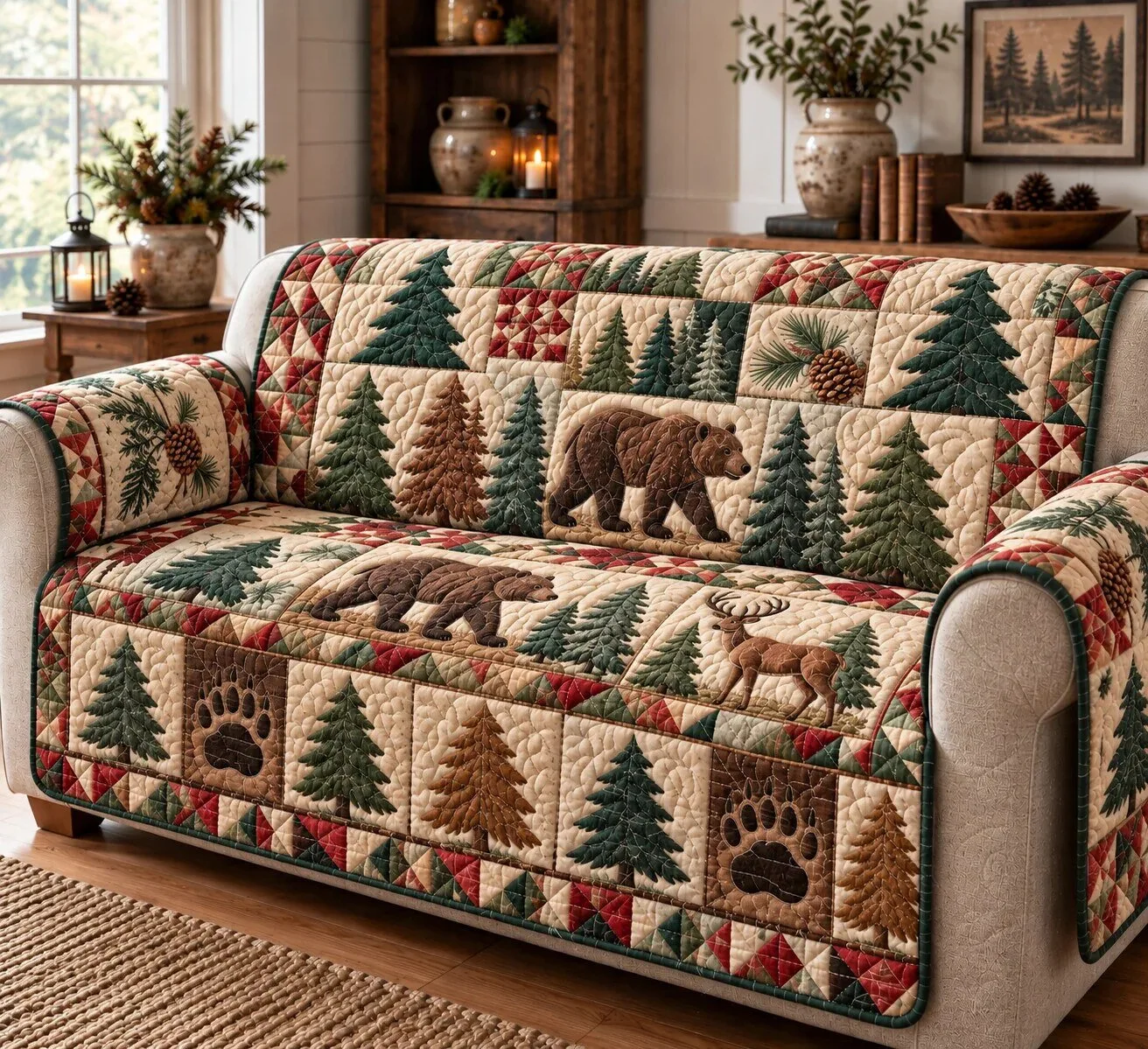 Rustic Forest Wilderness Quilted Sofa Cover with Bear and Deer Design