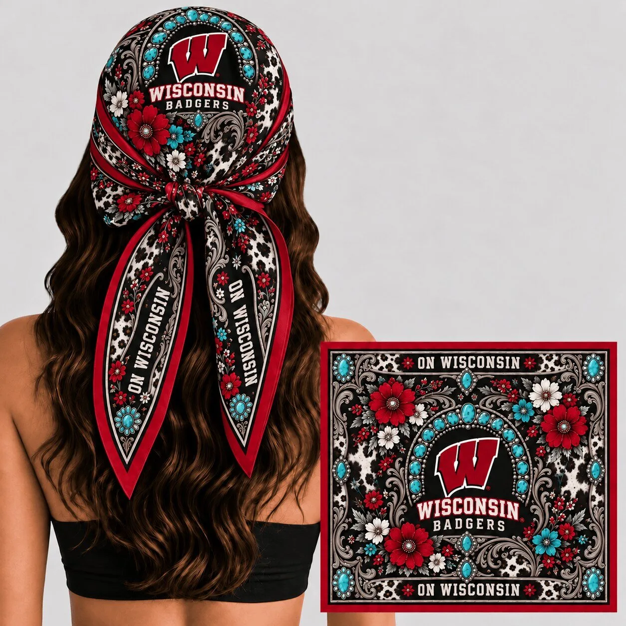 Wisconsin Badgers Floral Western Boho Head Scarf 1 Wisconsin Badgers Floral Western Boho Head Scarf