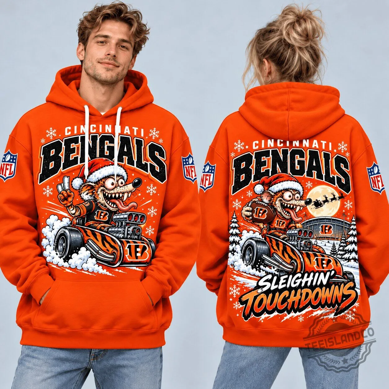 Cincinnati Bengals Christmas Rat Fink Sleighin Touchdowns Orange Hoodie