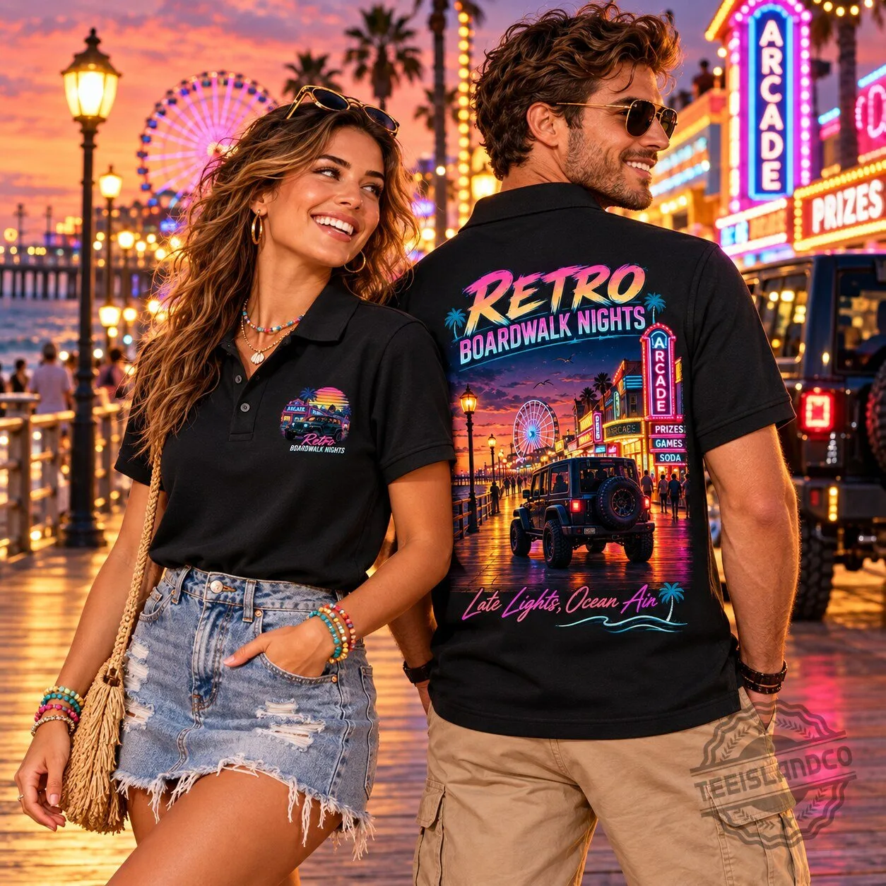 Retro Boardwalk Nights Ocean Pier Sunset Arcade Polo Shirt