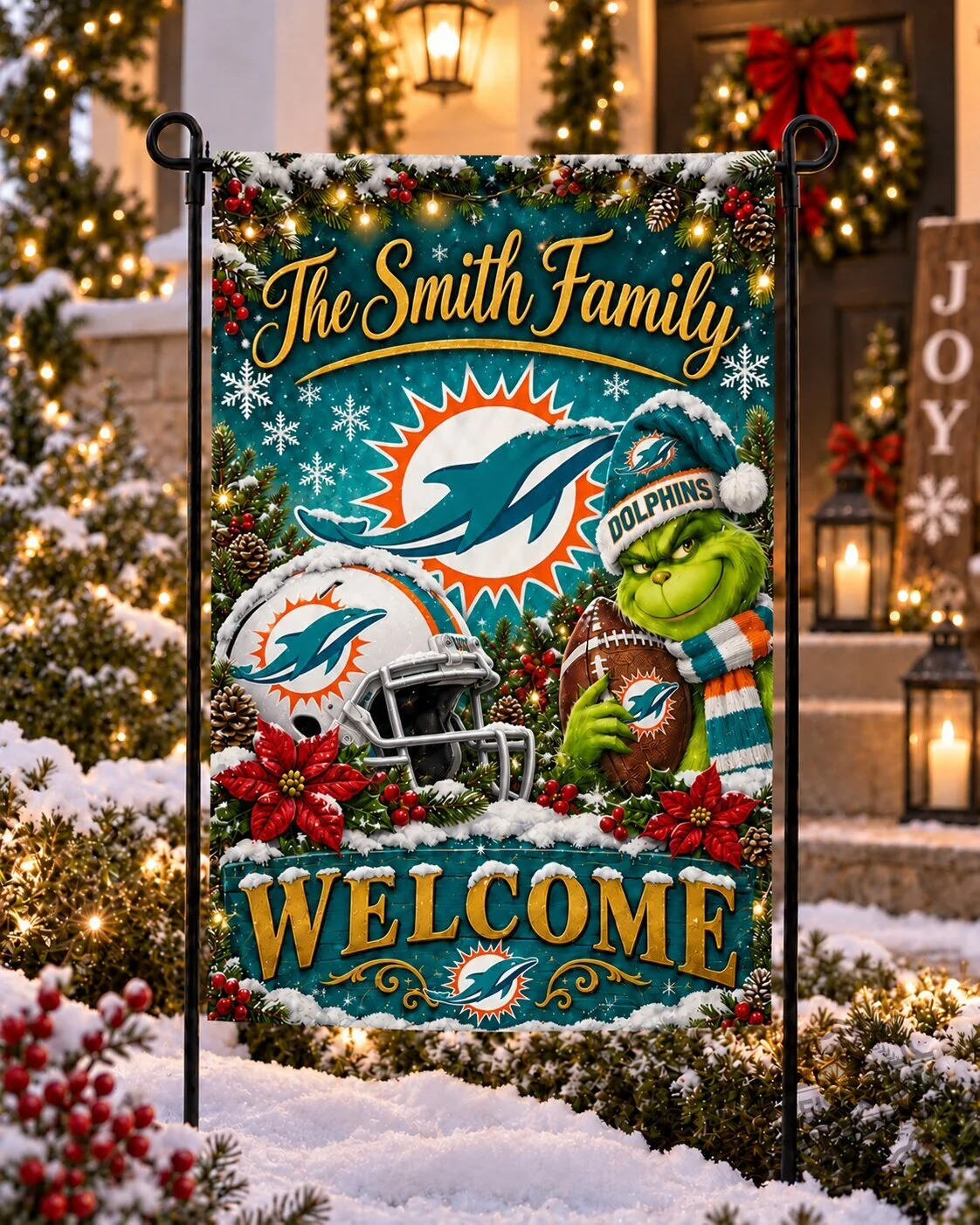 Miami Dolphins Christmas Grinch Personalized Family Name Welcome Garden Flag