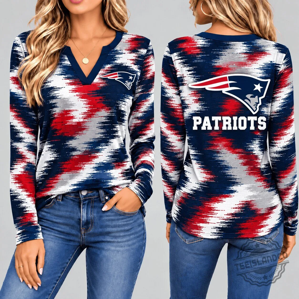 New England Patriots Dynamic Brushstroke V-Neck Long-Sleeve T-Shirt for Women