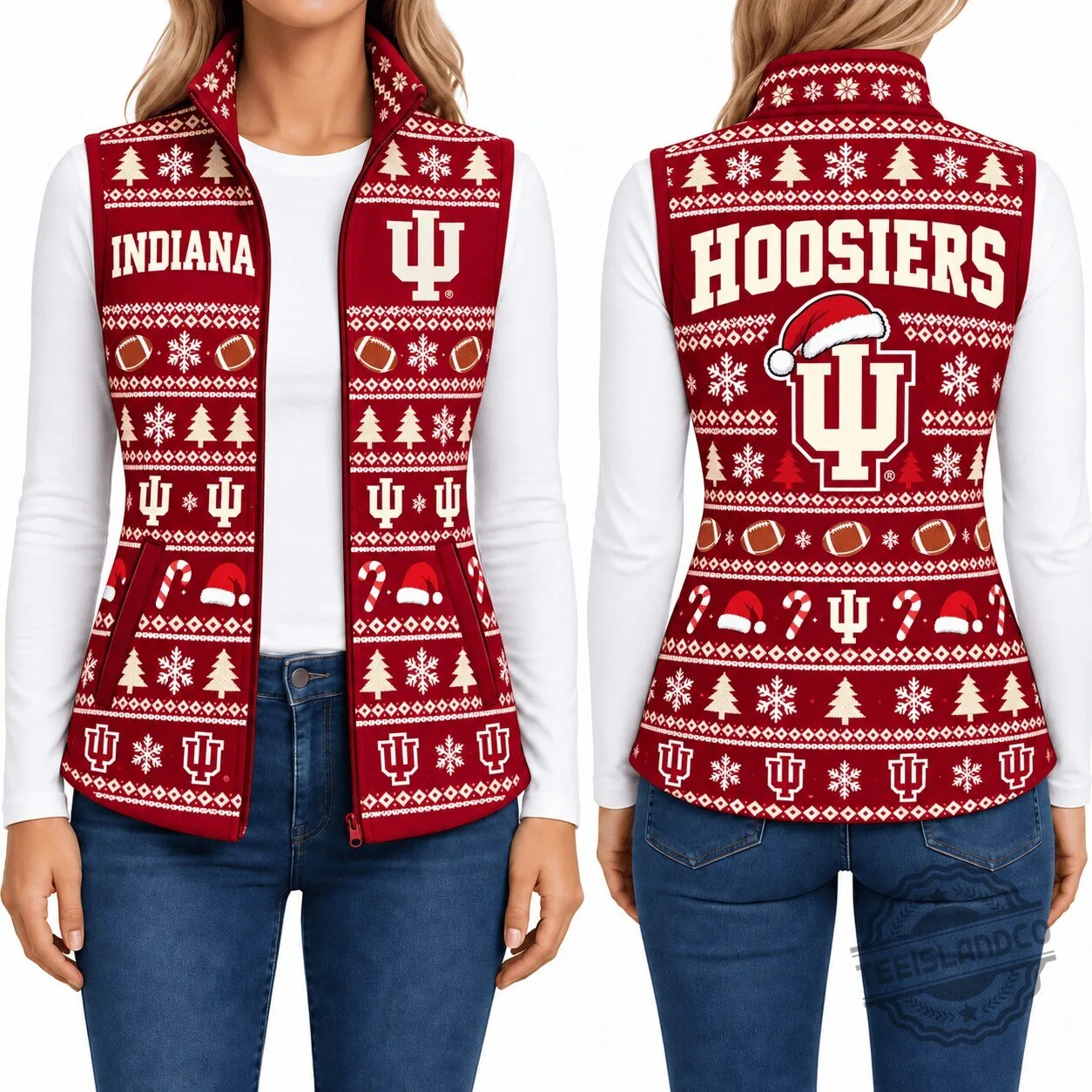 Indiana Hoosiers Christmas Ugly Sweater Style Puffer Vest Jacket