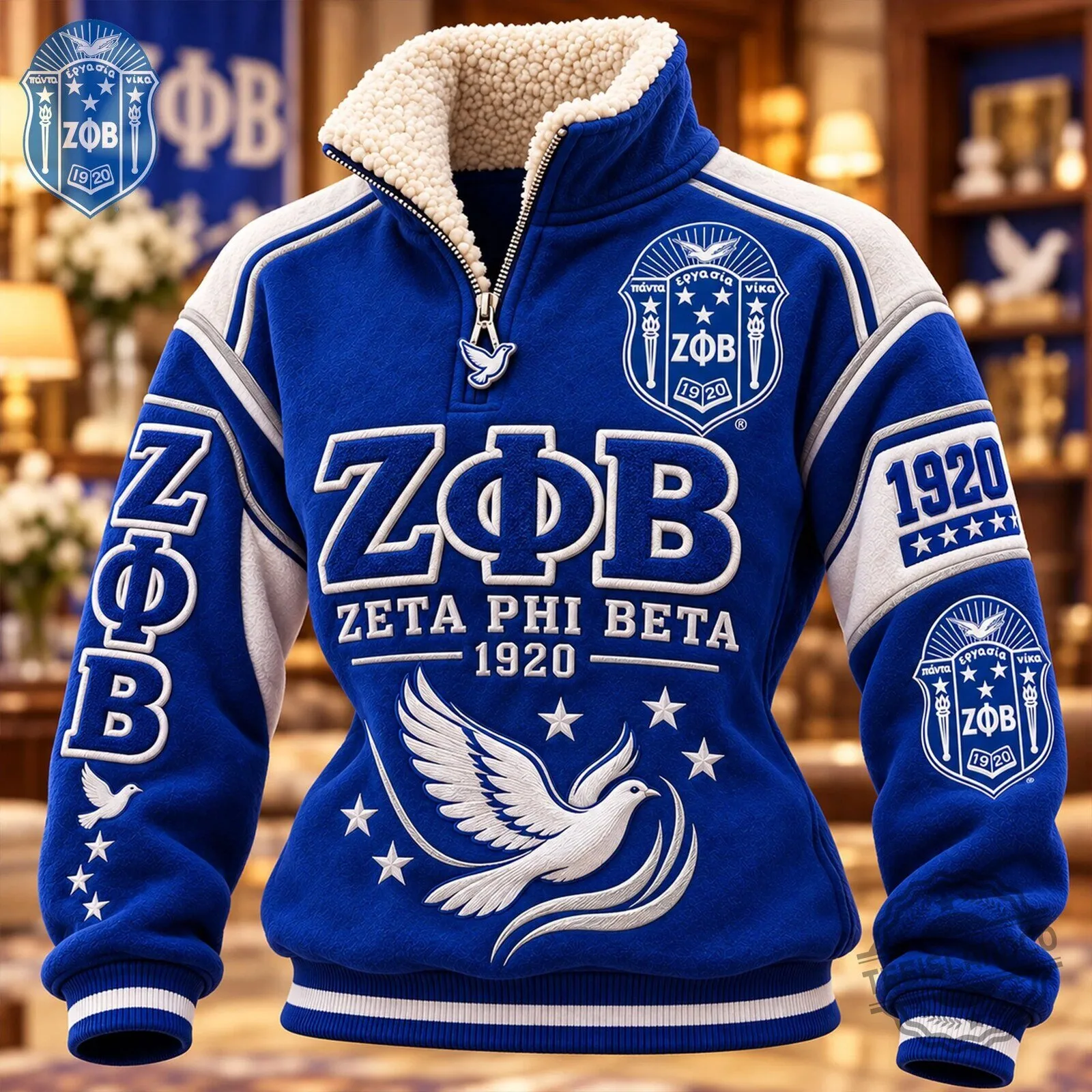 Zeta Phi Beta Sorority Royal Blue Sherpa Collar Pullover Jacket