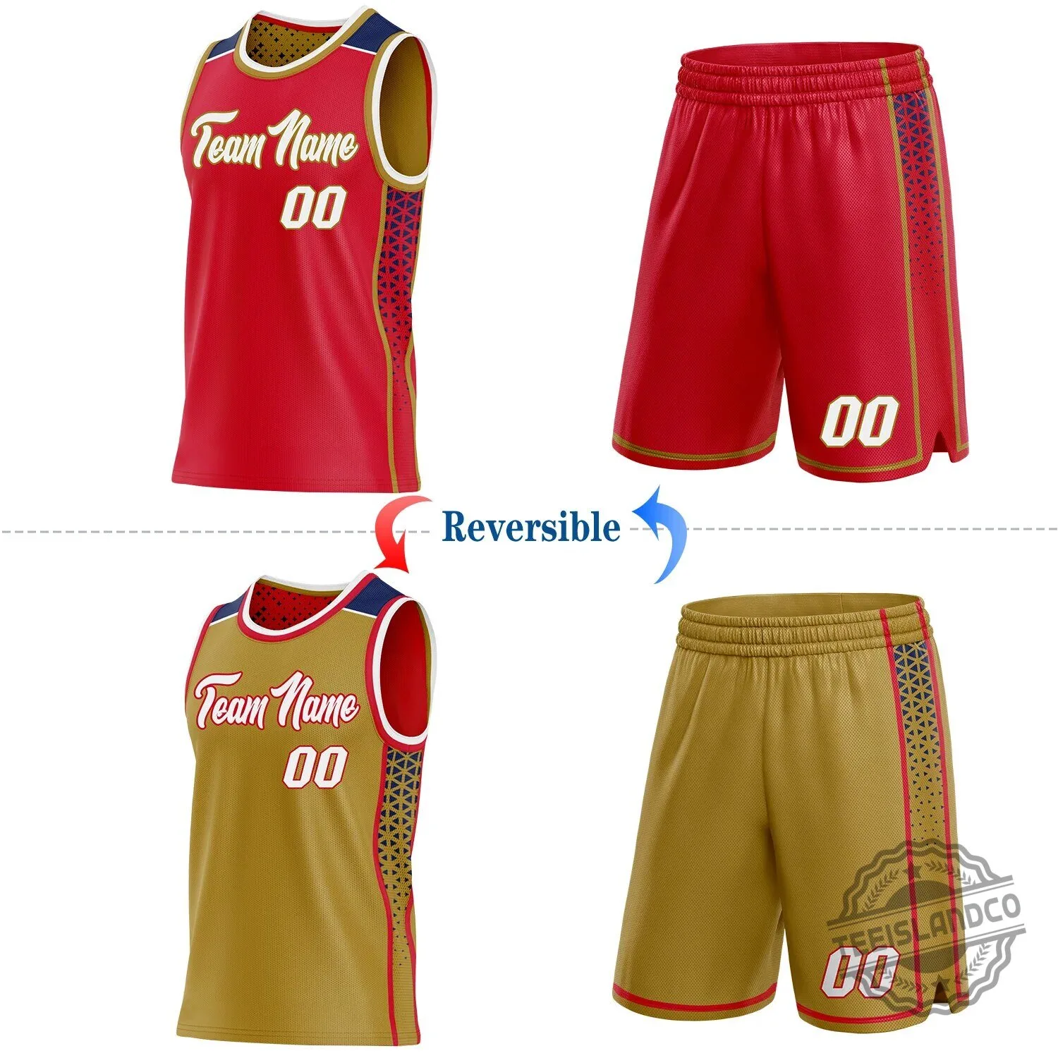 Custom Reversible Basketball Jersey with Team Name and Number in Red and Gold