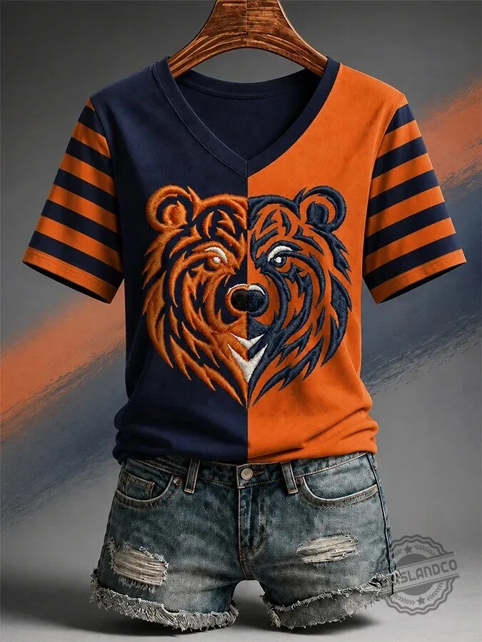 Gameday Football Bear Embroidered V-Neck Short Sleeve T-Shirt for Women