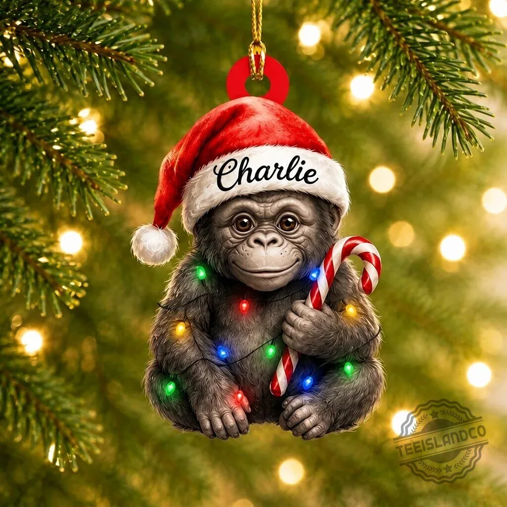 Personalized Baby Gorilla Wearing Santa Hat and Christmas Lights Ornament