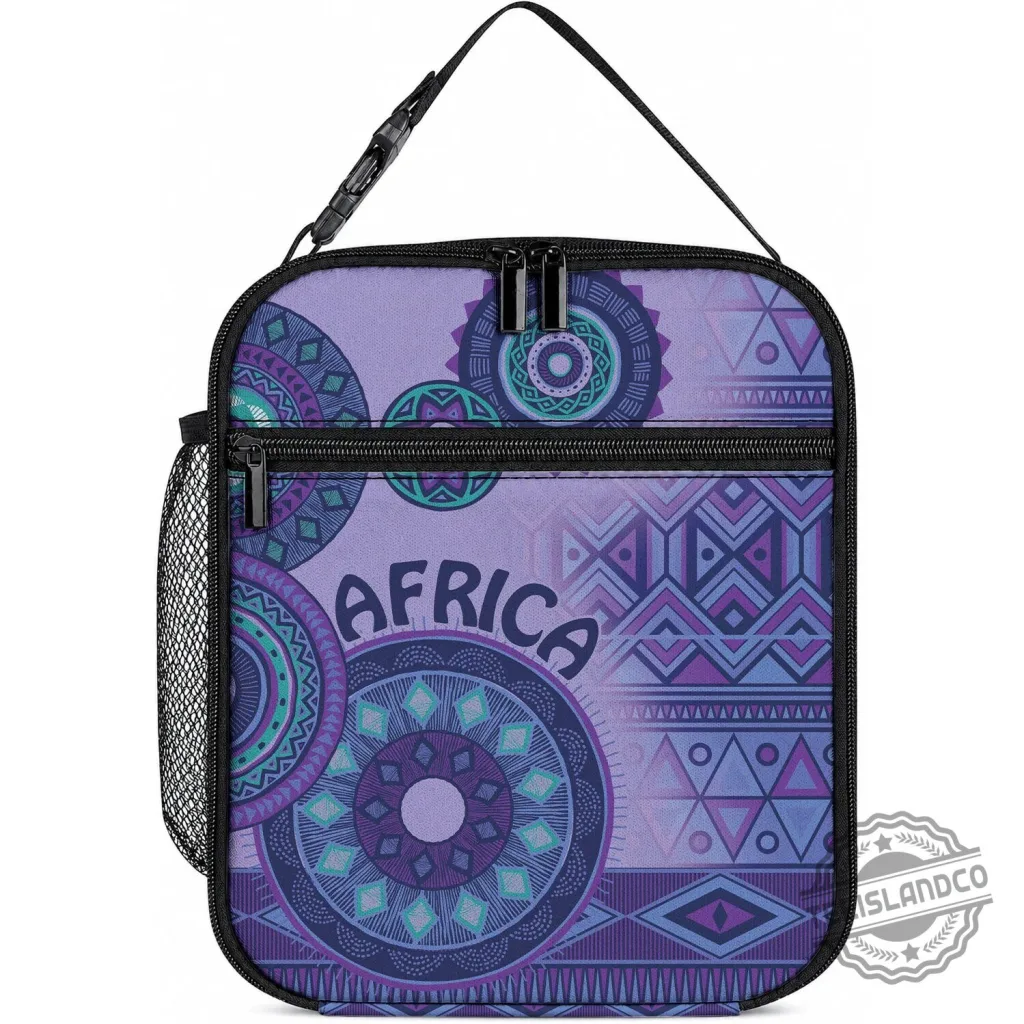 African Tribal Pattern Purple Motif Insulated Lunch Bag with Zipper Closure
