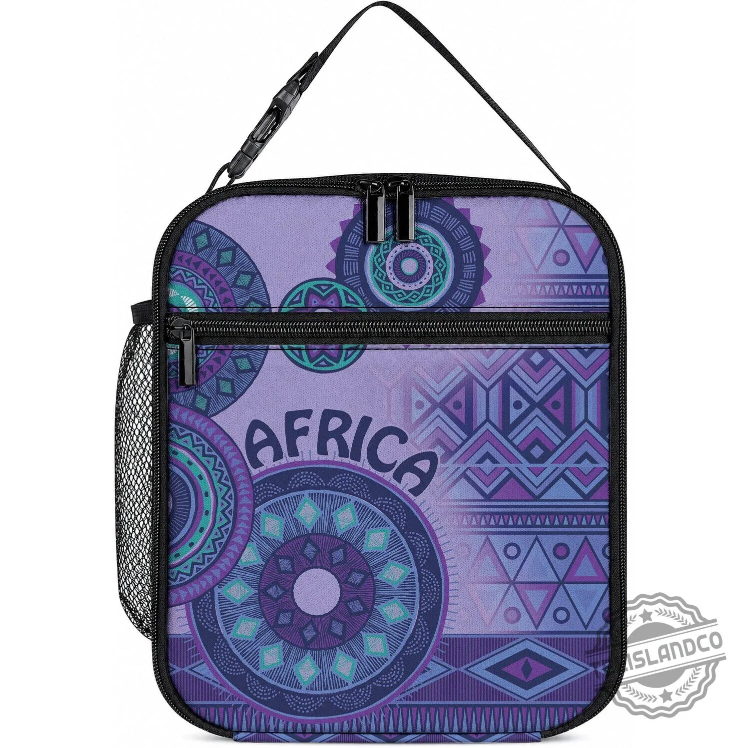 African Tribal Pattern Purple Motif Insulated Lunch Bag with Zipper Closure