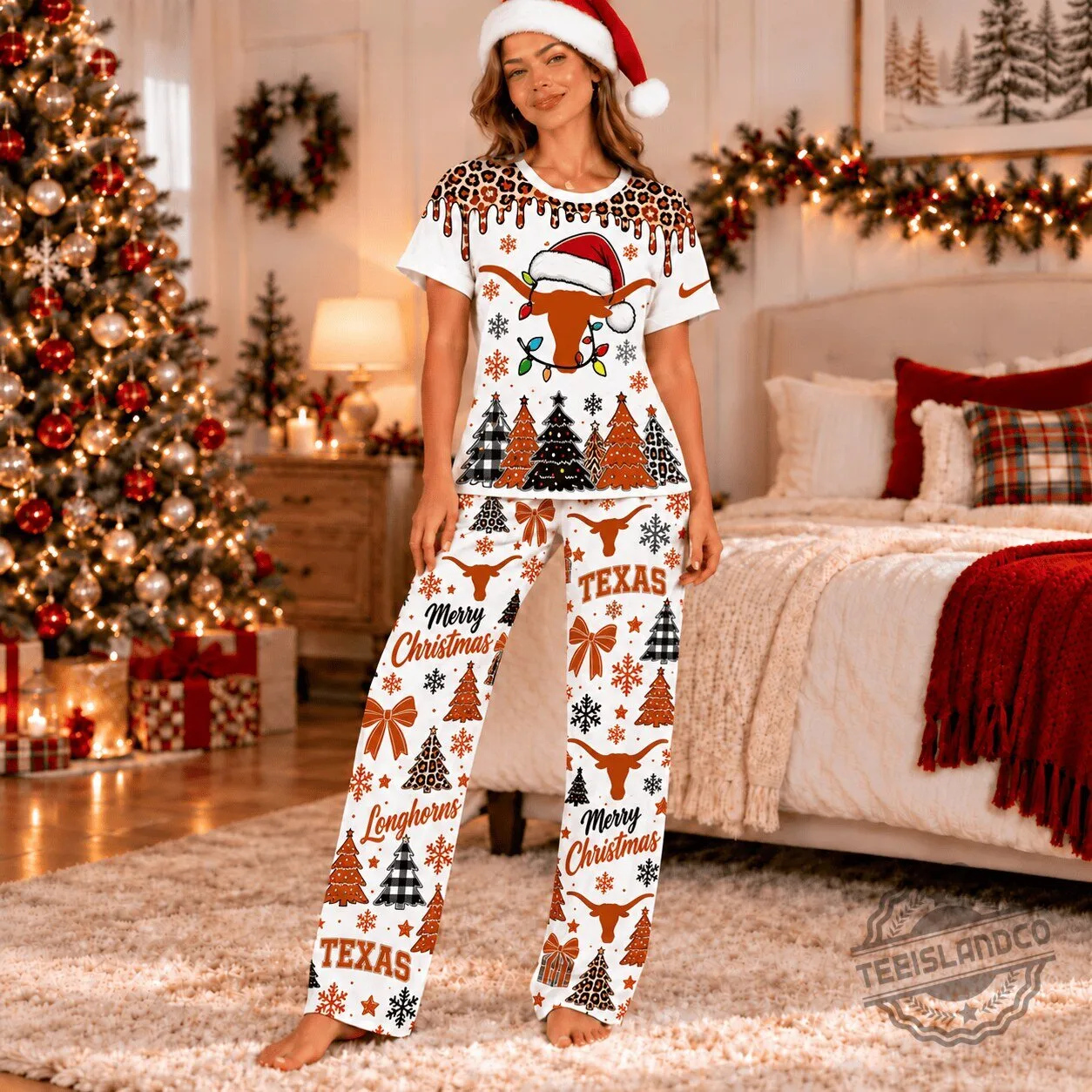 Texas Longhorns Christmas Leopard Drip Pajamas Set