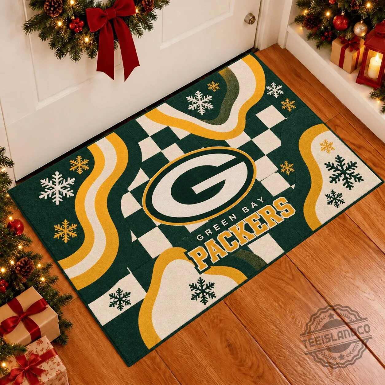 Green Bay Packers NFL Christmas Snowflakes Checkerboard Doormat