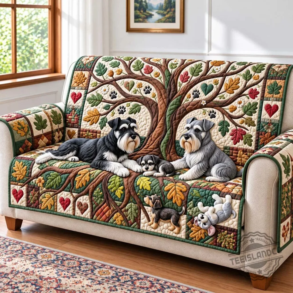 Schnauzer Dog Patchwork Tree of Life Quilted Sofa Cover Schnauzer Dog Patchwork Tree of Life Quilted Sofa Cover